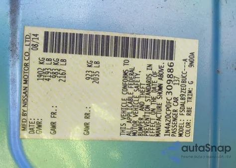 2015 Nissan Leaf S/Sv/Sl z USA, uszkodzony, nr VIN 1N4AZ0CP0FC309886